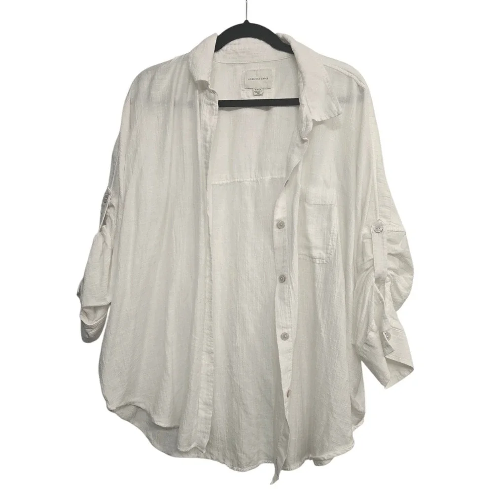 American Eagle White Oversized Button Up Shirt S Coastal Grandmother Beachy Boho